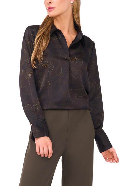 Halogen® Floral Collared Charmeuse Popover Top (Regular & Petite)