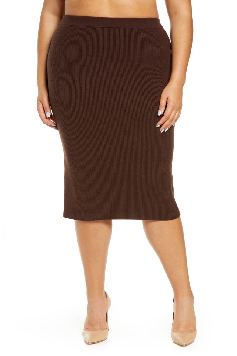 Rib Knit Midi Skirt, Main, color, CHOCOLATE
