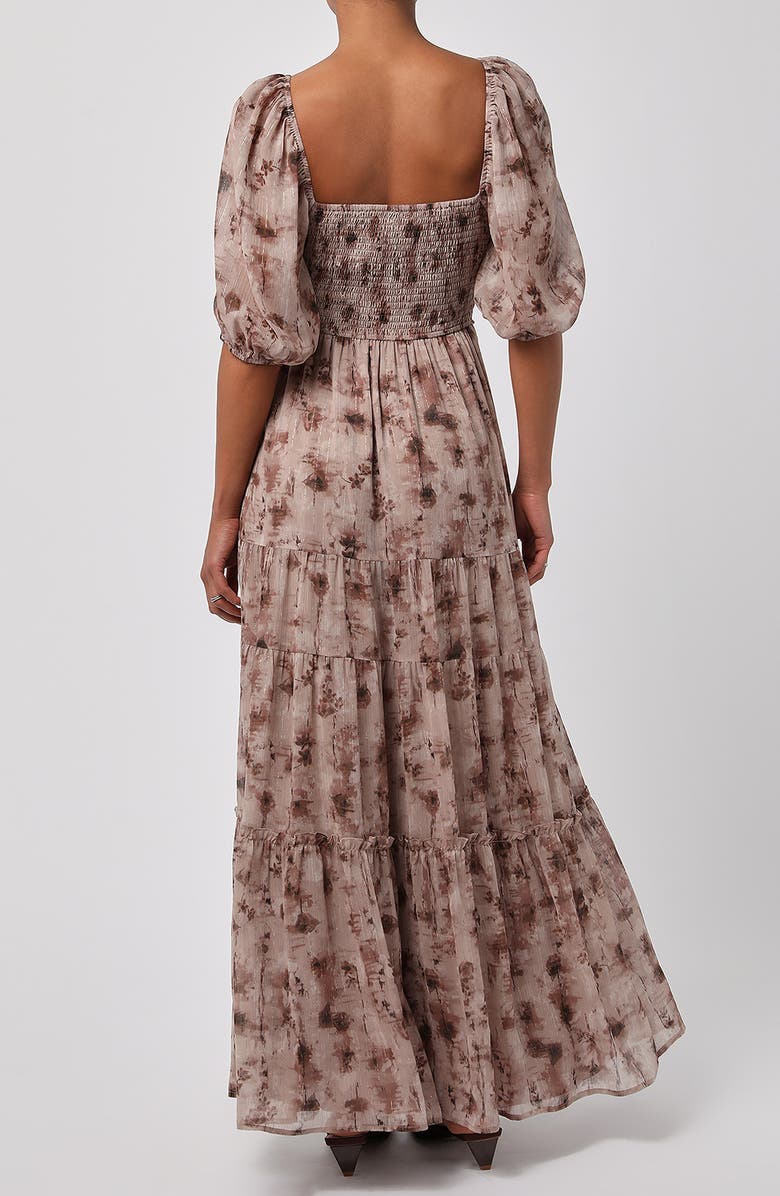 Lulus Madison Puff Sleeve Ruched Tiered Maxi Dress, Alternate, color, Taupe Multi