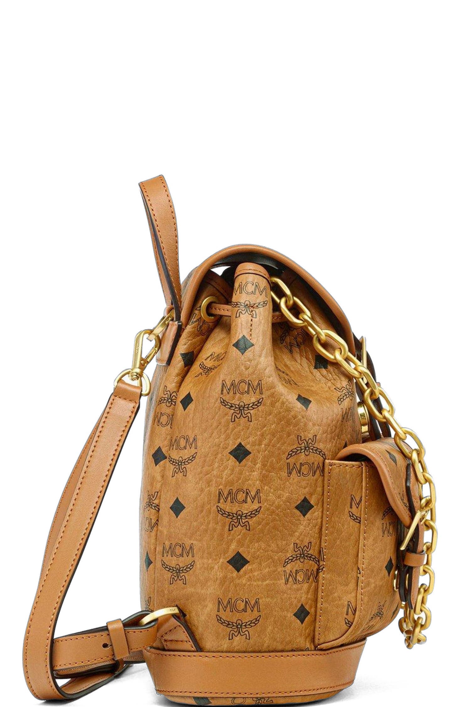 MCM Mini Aren Drawstring Backpack in Visetos, Alternate, color, Brown