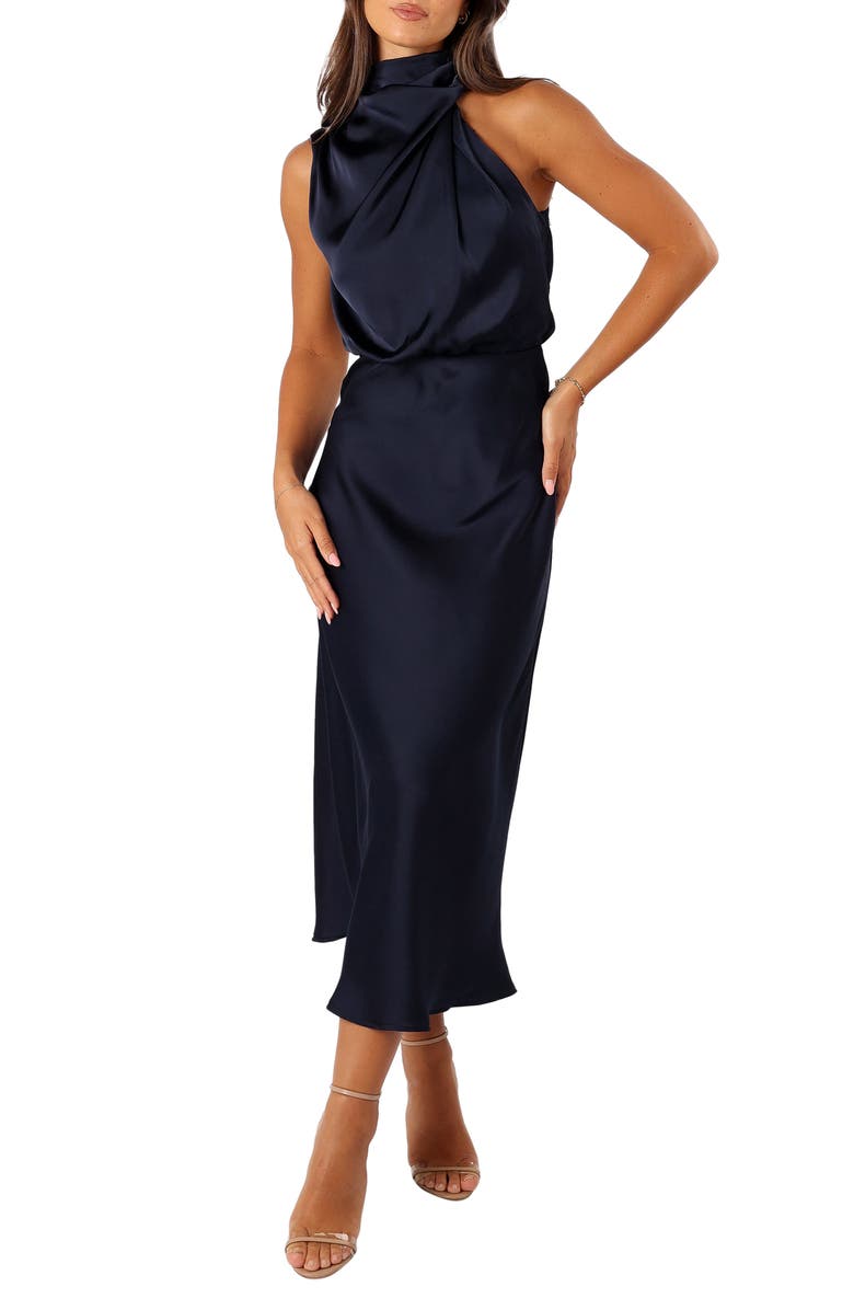 Petal & Pup Anabelle Mock Neck Satin Midi Dress, Main, color, Navy