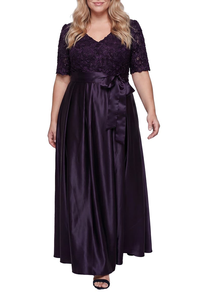 Sequin Soutache Bodice Empire Waist A-Line Gown, Main, color, DEEP PLUM