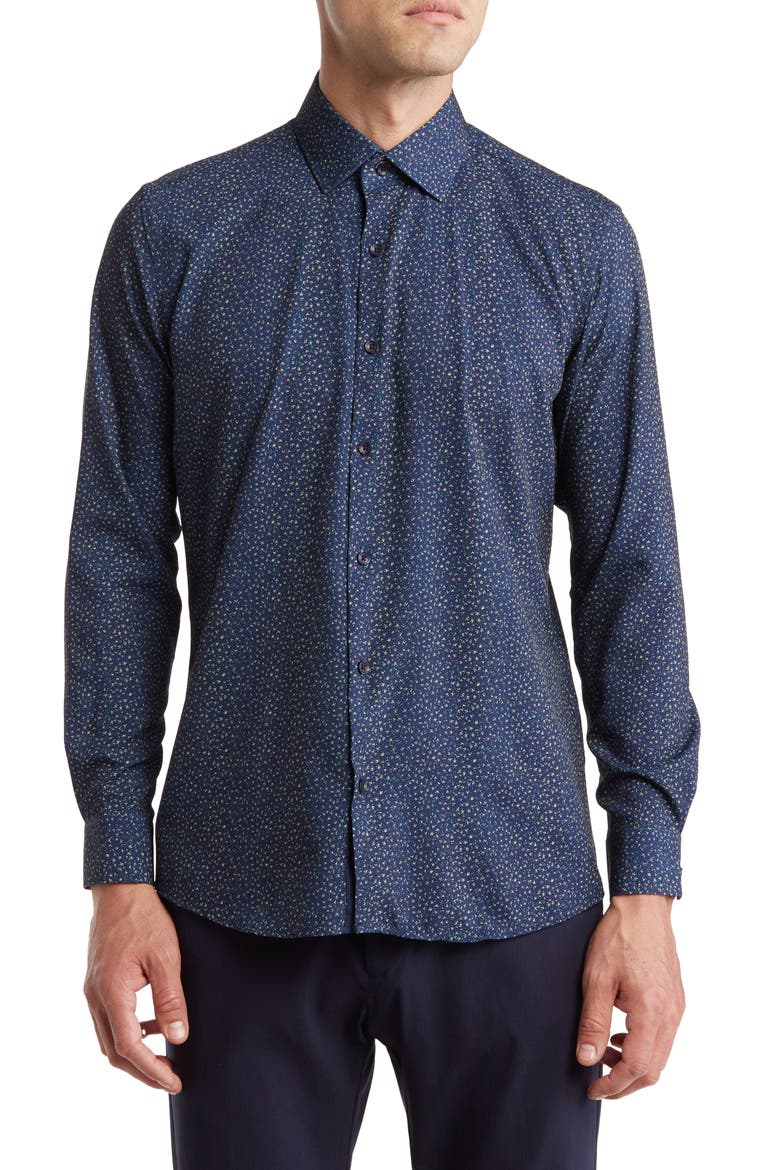 Slim Fit Flower Print Performance Button-Up Shirt, Main, color, NAVY