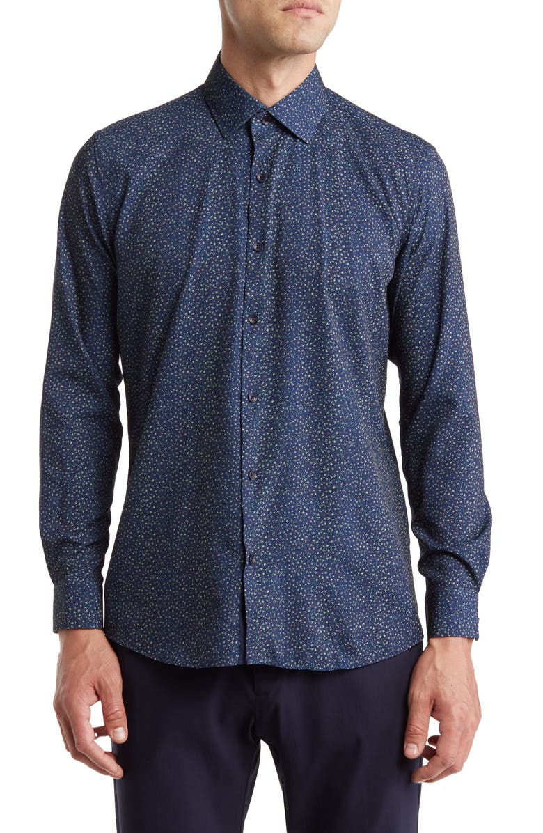 Azaro Uomo Slim Fit Flower Print Performance Button-Up Shirt, Main, color, Navy