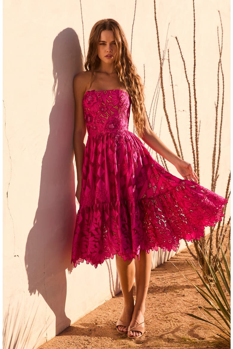 Candace Floral Cutwork Detail Strapless Cocktail Dress, Alternate, color, FUCHSIA