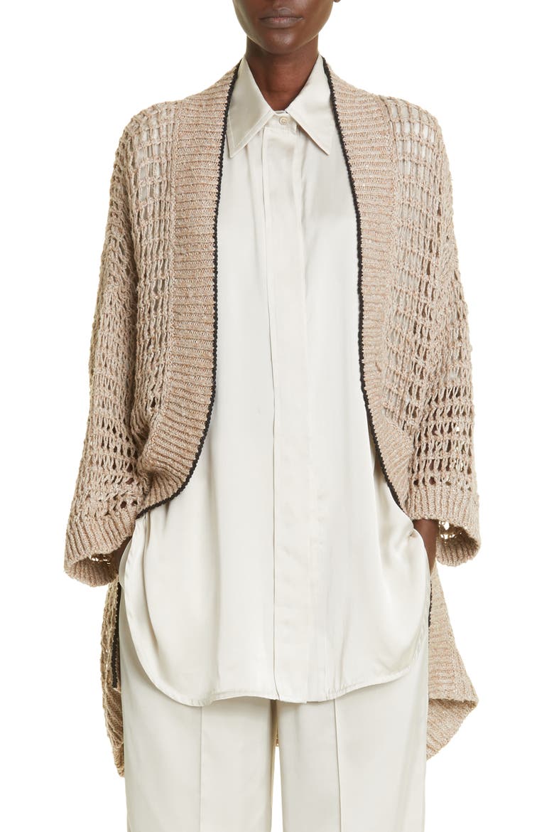 Sequin Open Knit Longline Cardigan, Main, color, CIN19 DARK BEIGE