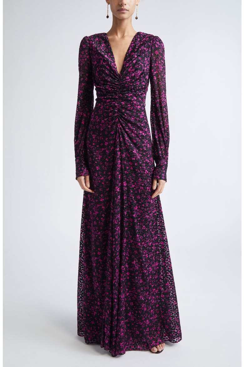 Long Sleeve Satin Leopard Jacquard Gown, Main, color, BLACK HOT PINK MULTI