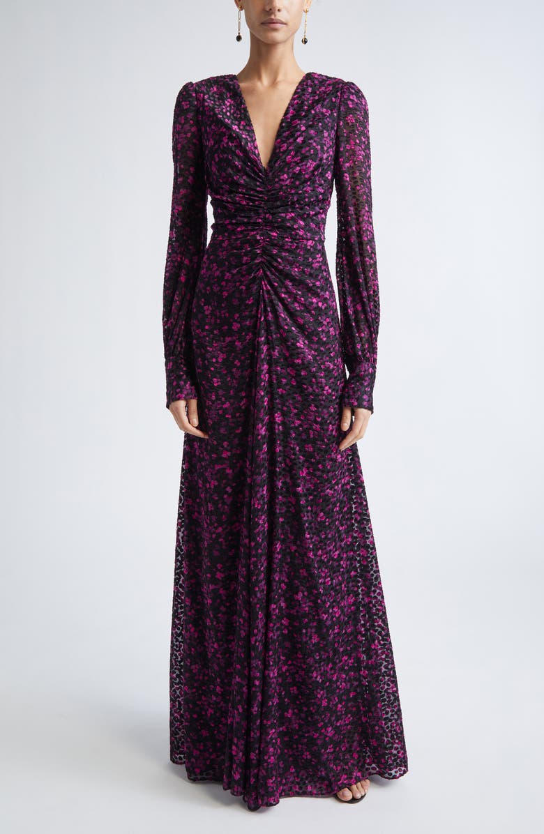 ST. JOHN Long Sleeve Satin Leopard Jacquard Gown, Main, color, Black Hot Pink Multi