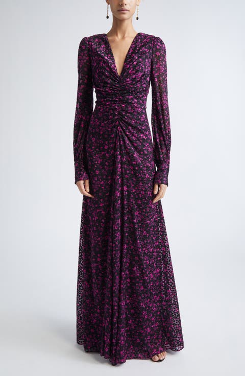 Long Sleeve Satin Leopard Jacquard Gown