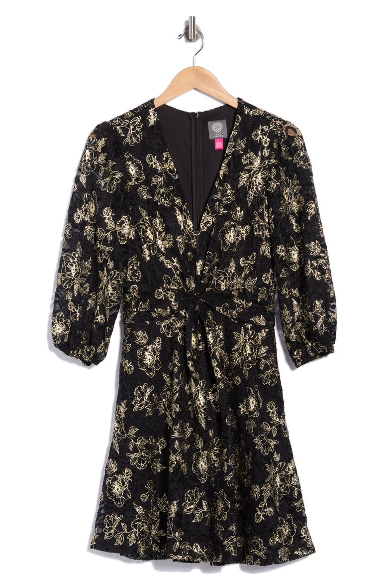 Floral Lace Balloon Sleeve Dress, Main, color, BLACK