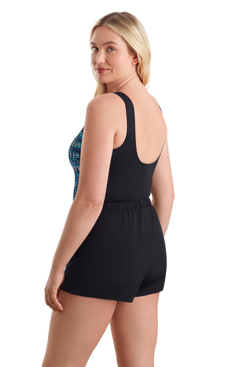 ShapeSolver Sport Highneck Runaround Chlorine Resistant One-Piece Swimsuit, Alternate, color, Blue Tribal Stripe