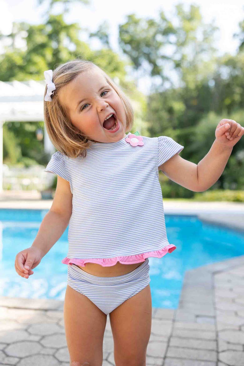 Cap Sleeve Rash Guard Tankini With Flower, Alternate, color, Blue/White