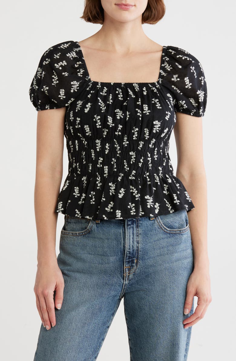 Melrose and Market Puff Sleeve Top, Main, color, Black- Ivory Maisie Leaves
