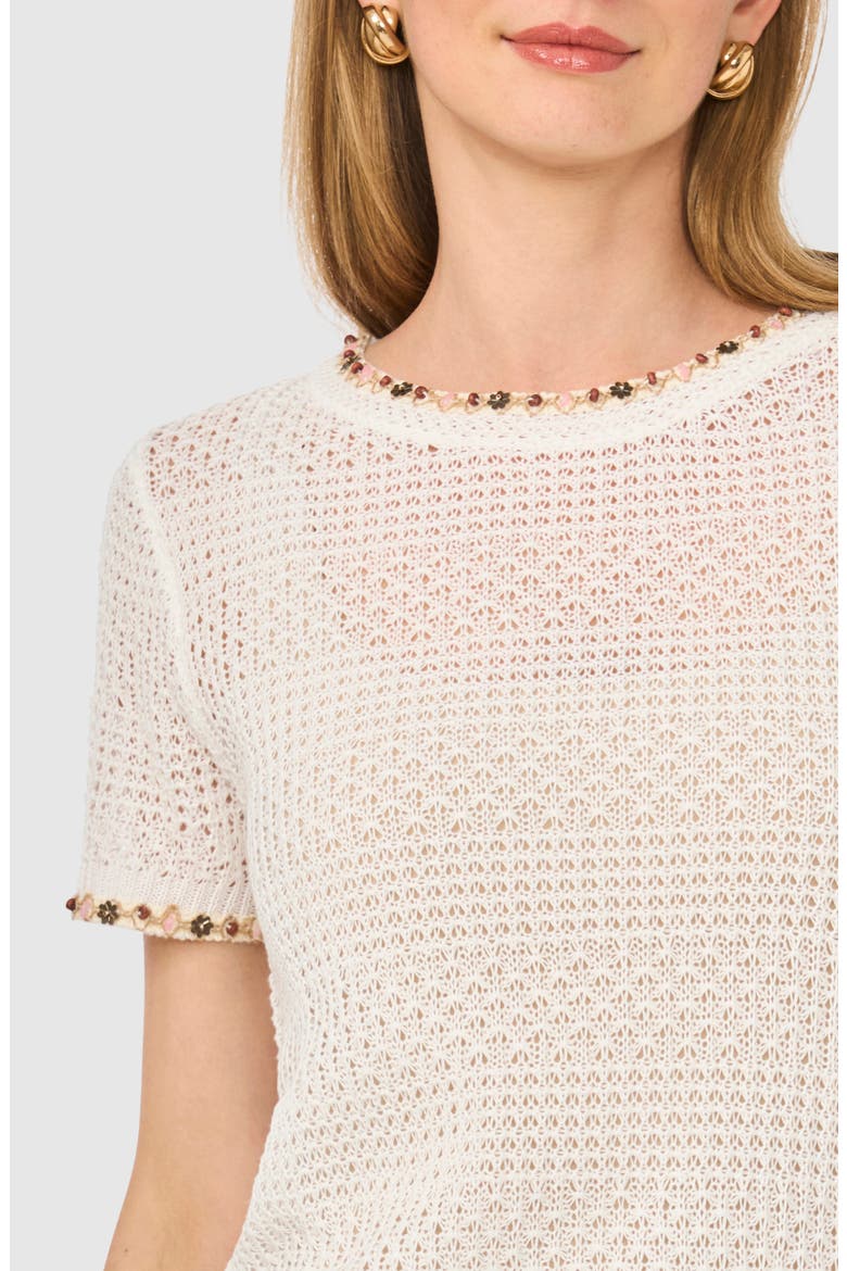 Beaded Short Sleeve Pointelle Sweater, Alternate, color, ANTIQUE WHITE