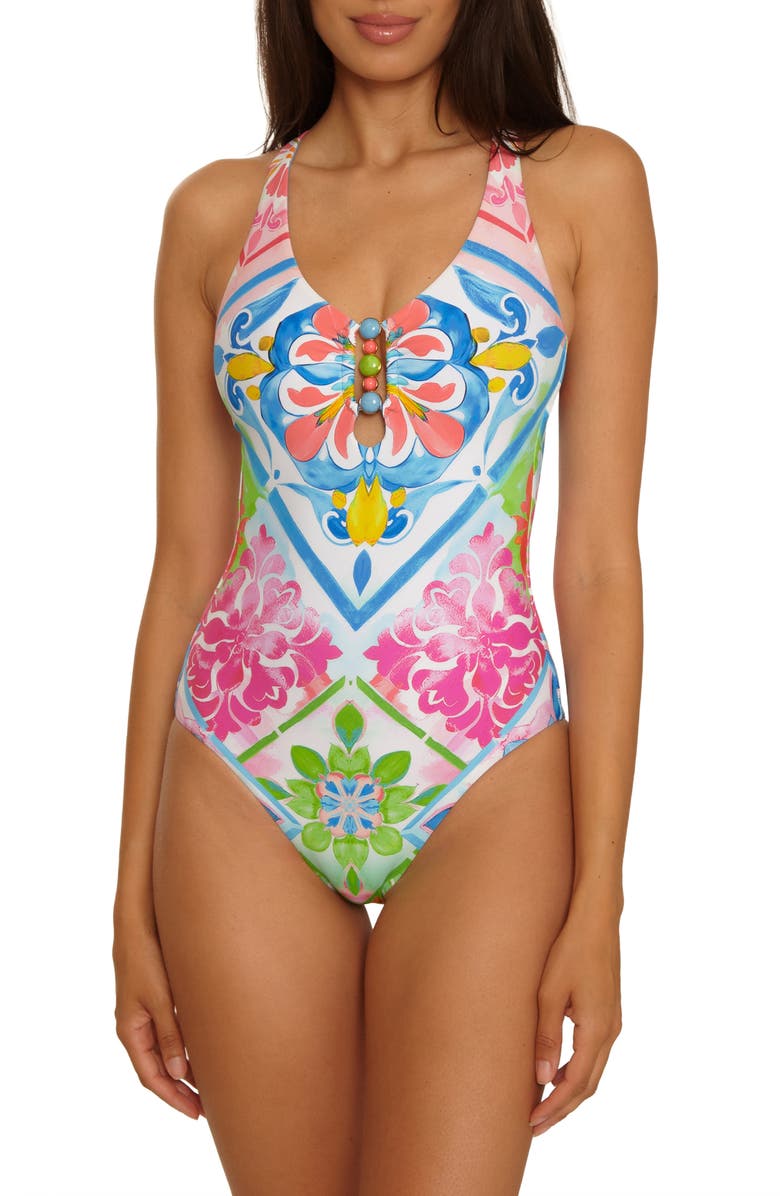 Becca Mijas Beaded Cutout One-Piece Swimsuit, Main, color, 