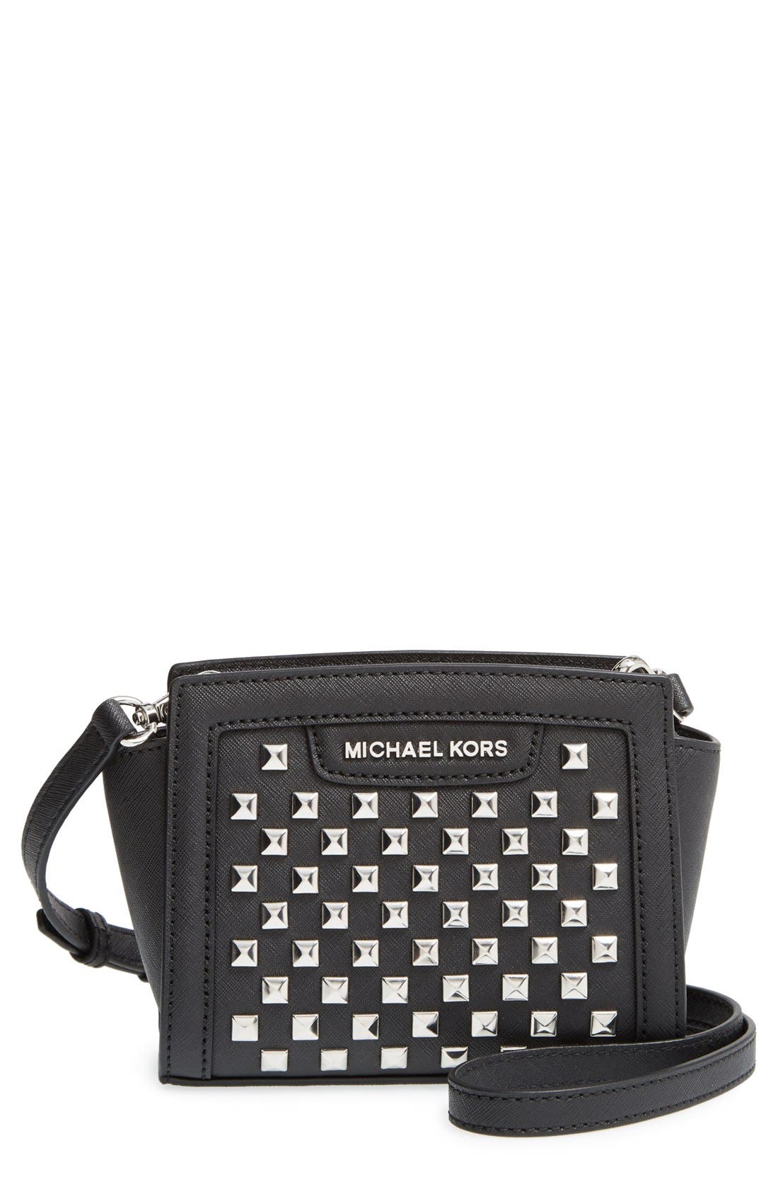 MICHAEL Michael Kors 'Mini Selma' Studded Saffiano Leather Crossbody Bag, Main, color, 