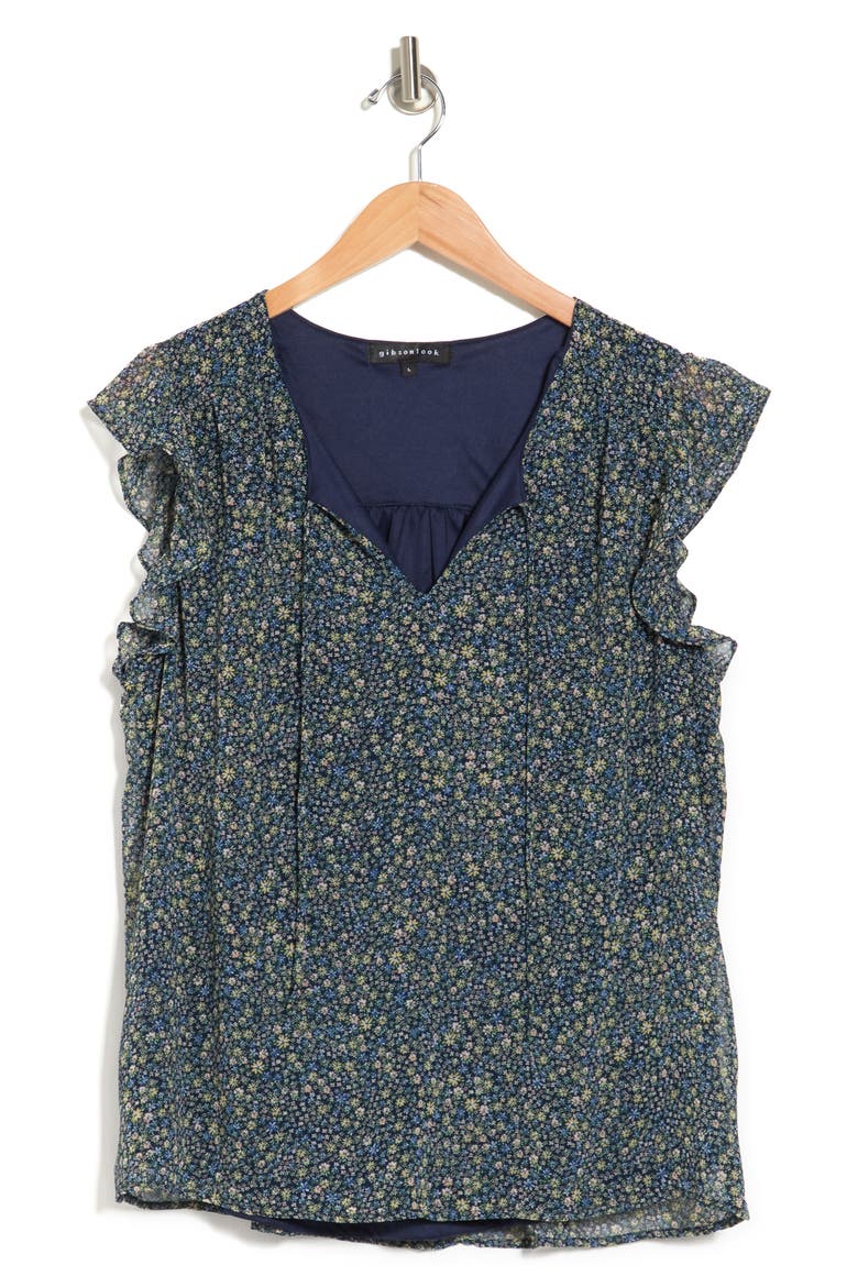 Flutter Sleeve Printed Chiffon Blouse, Alternate, color, NAVY DITSY PRINT