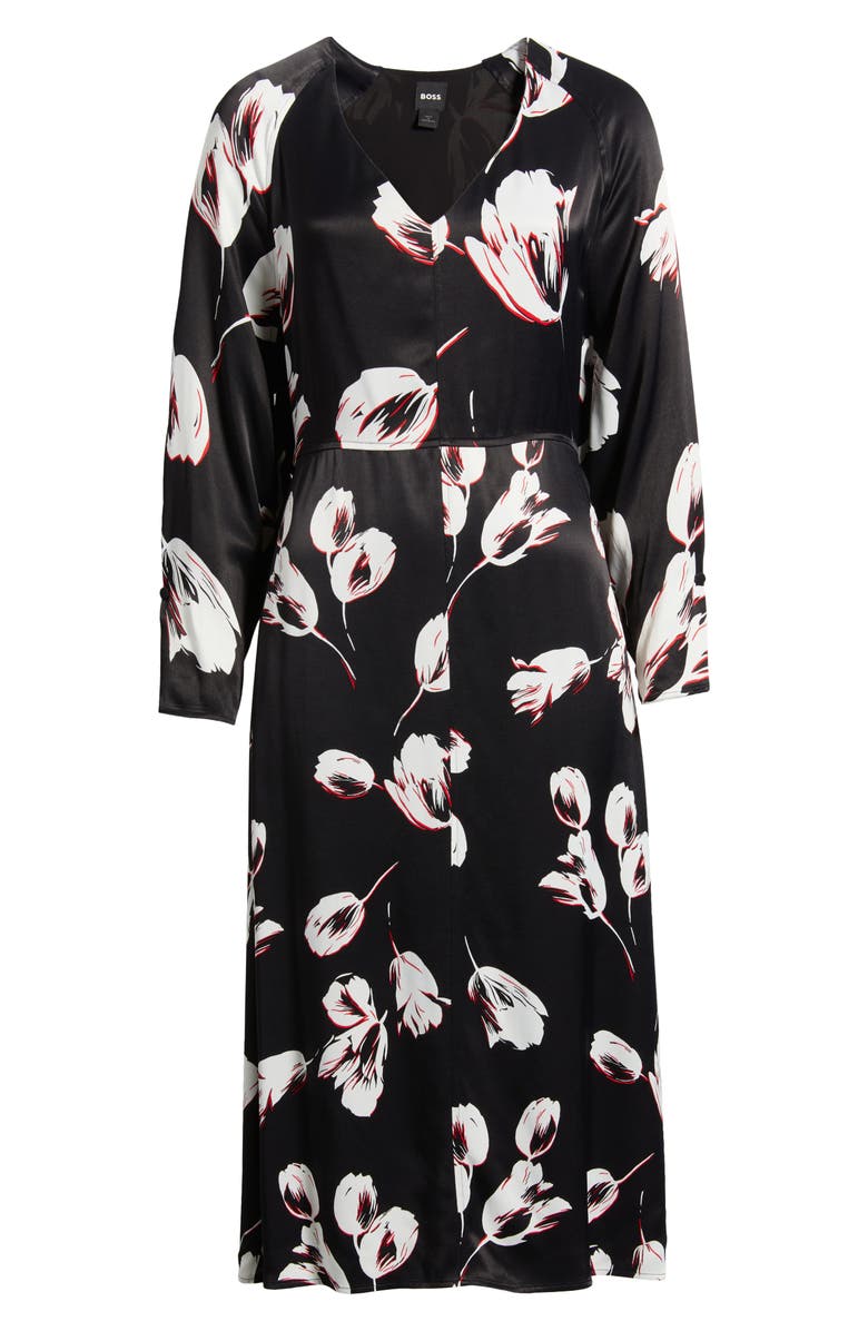 BOSS Diesha Long Sleeve Satin A-Line Dress, Alternate, color, Black Tulip Fantasy