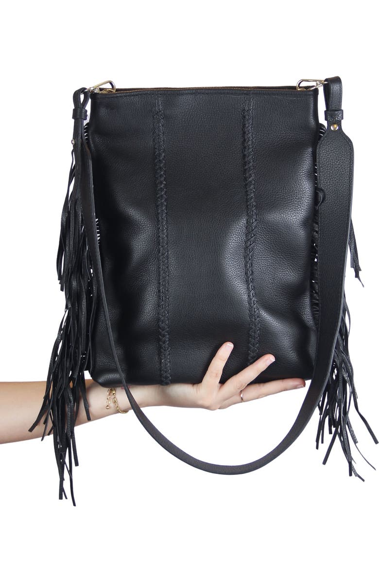 Carlos Falchi Mini Fringe Suede Foldover Crossbody Clutch, Alternate, color, Black Obsidian