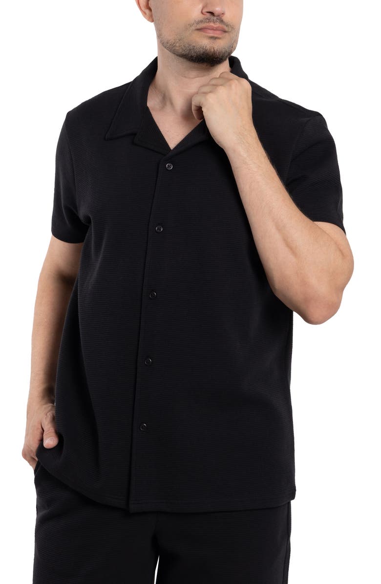 Spring + Mercer Classic Fit Textured Knit Camp Shirt, Alternate, color, Black