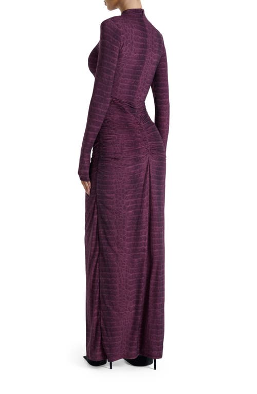 Naked Wardrobe Snakeskin Print Long Sleeve Ruched Dress In Burgundy