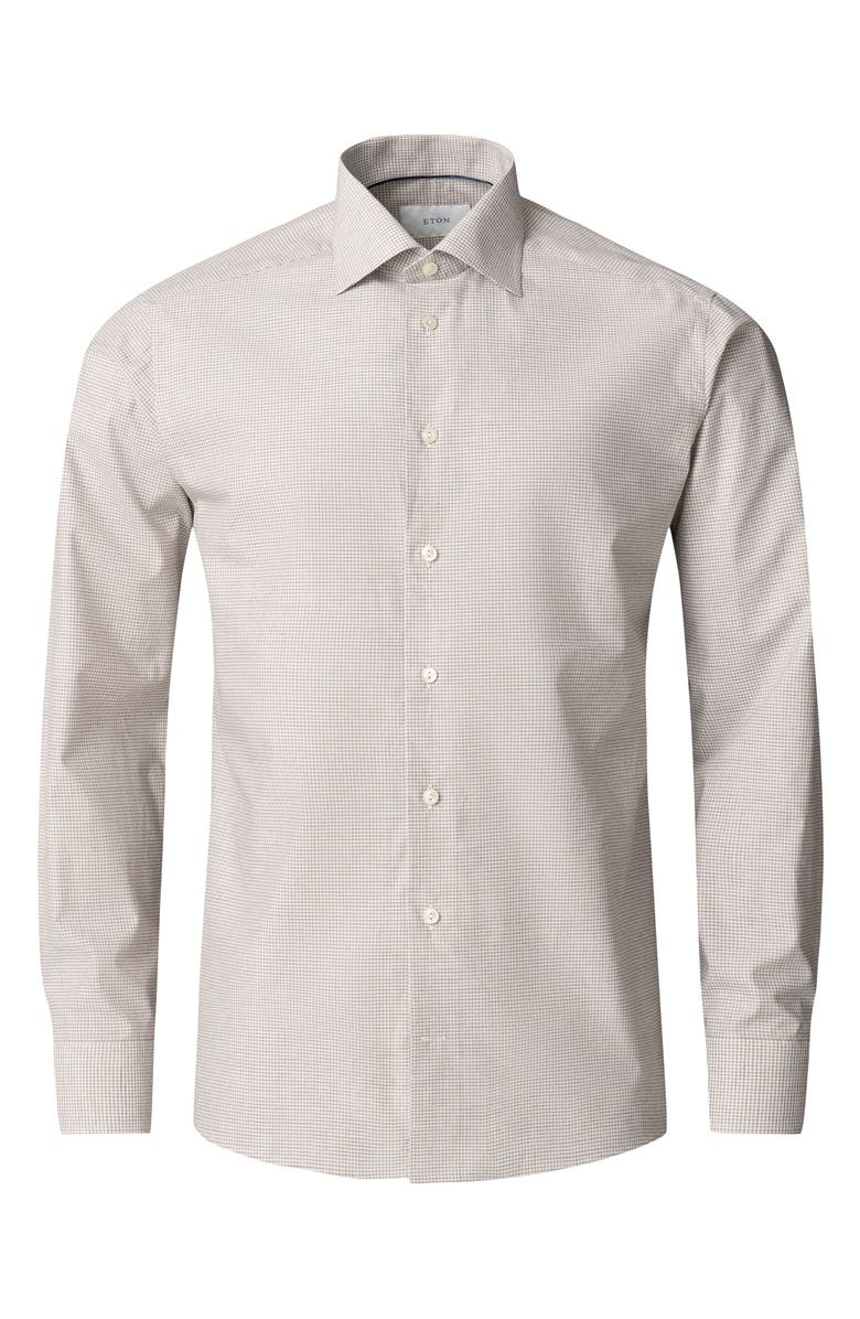 Eton Trim Fit Tan Mélange Microcheck Cotton Dress Shirt, Alternate, color, Light Beige