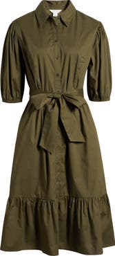 Caslon® Puff Sleeve Stretch Cotton Shirtdress