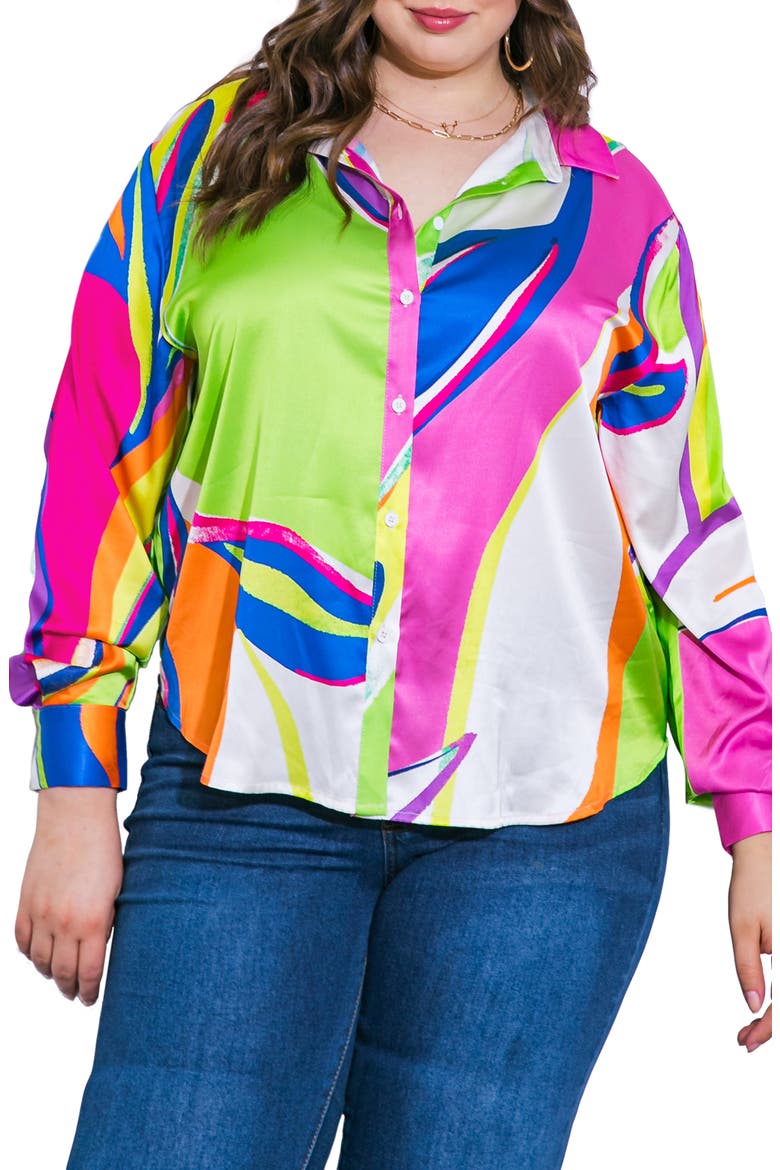 Print Woven Satin Button-Up Shirt, Main, color, PINK GREEN