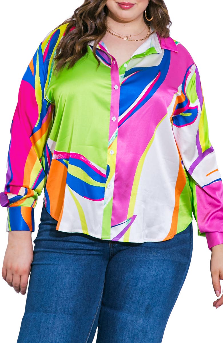 FLYING TOMATO Print Woven Satin Button-Up Shirt, Main, color, Pink Green