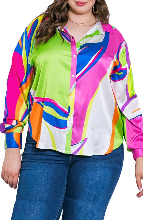 Print Woven Satin Button-Up Shirt (Plus)