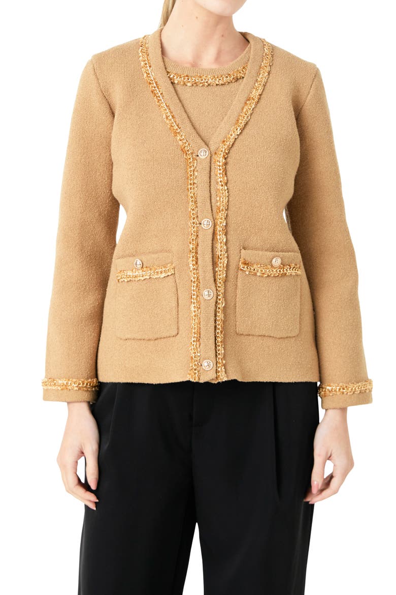 Trim Detail Cardigan, Alternate, color, CAMEL