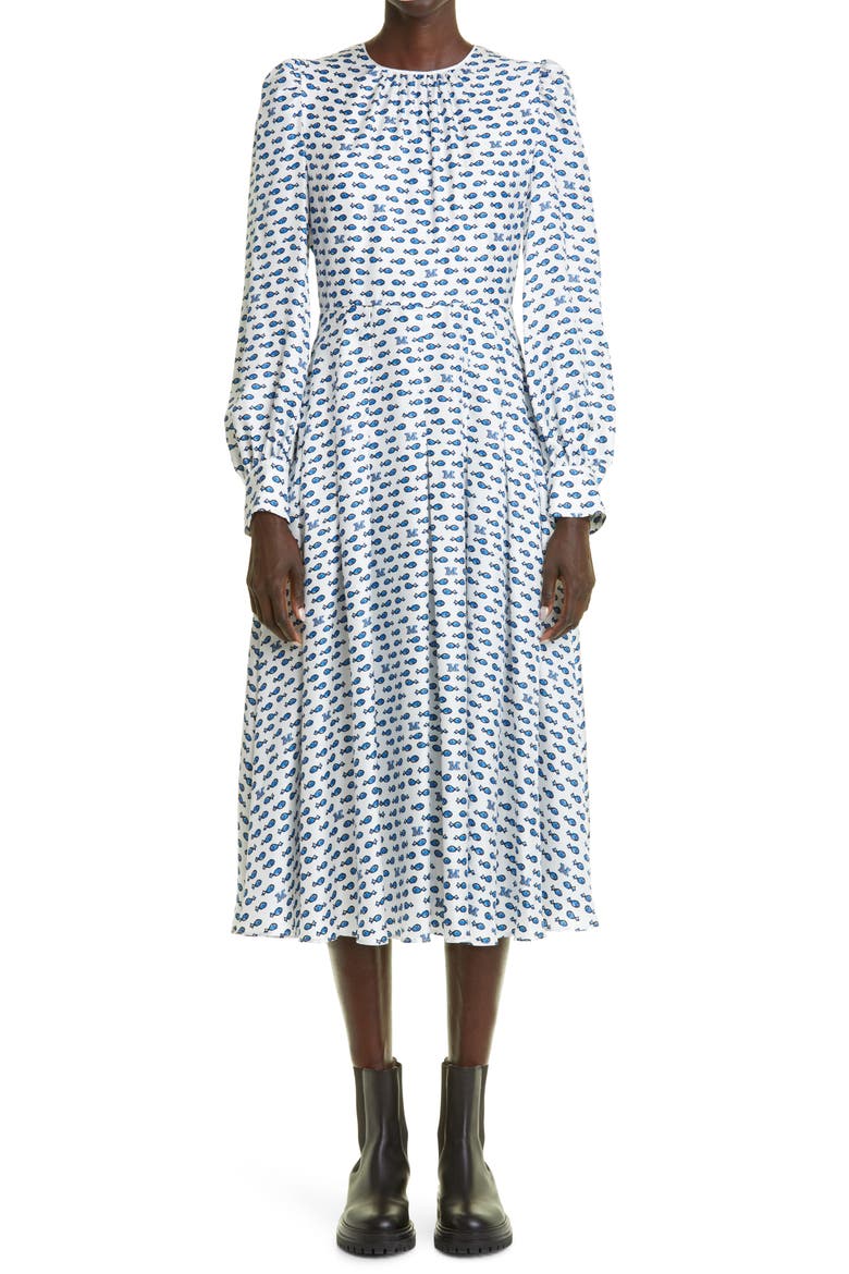 Pareo Fish Print Long Sleeve Silk Fit & Flare Dress, Main, color, OPTICAL WHITE
