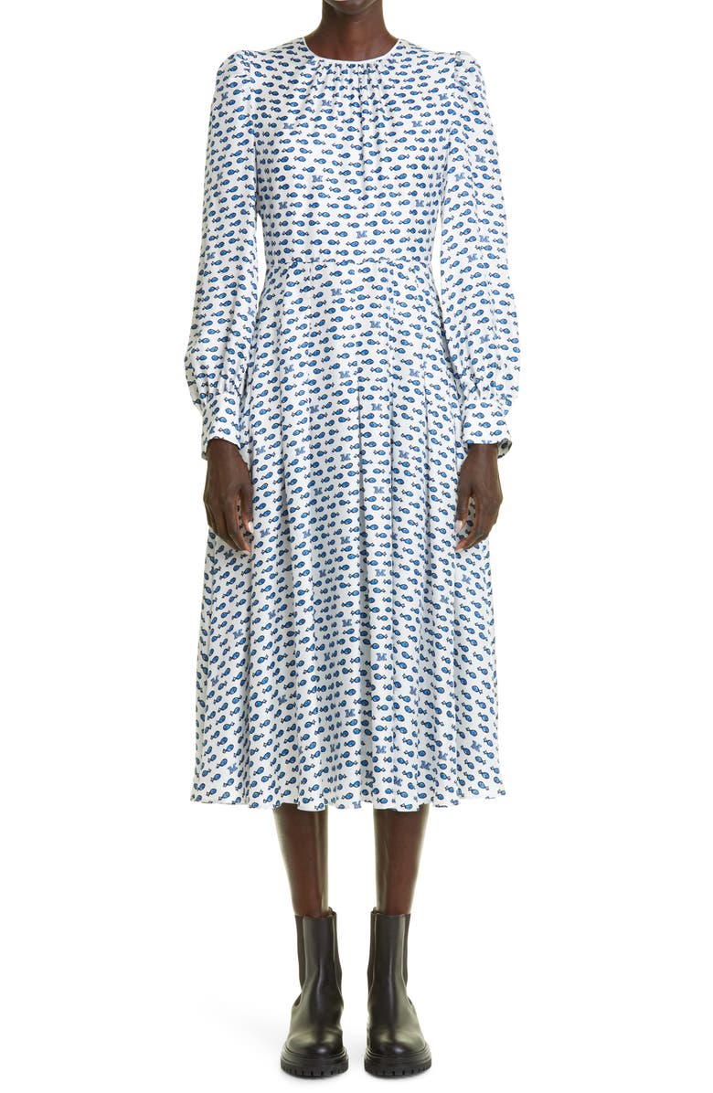 Max Mara Pareo Fish Print Long Sleeve Silk Fit & Flare Dress, Main, color, 