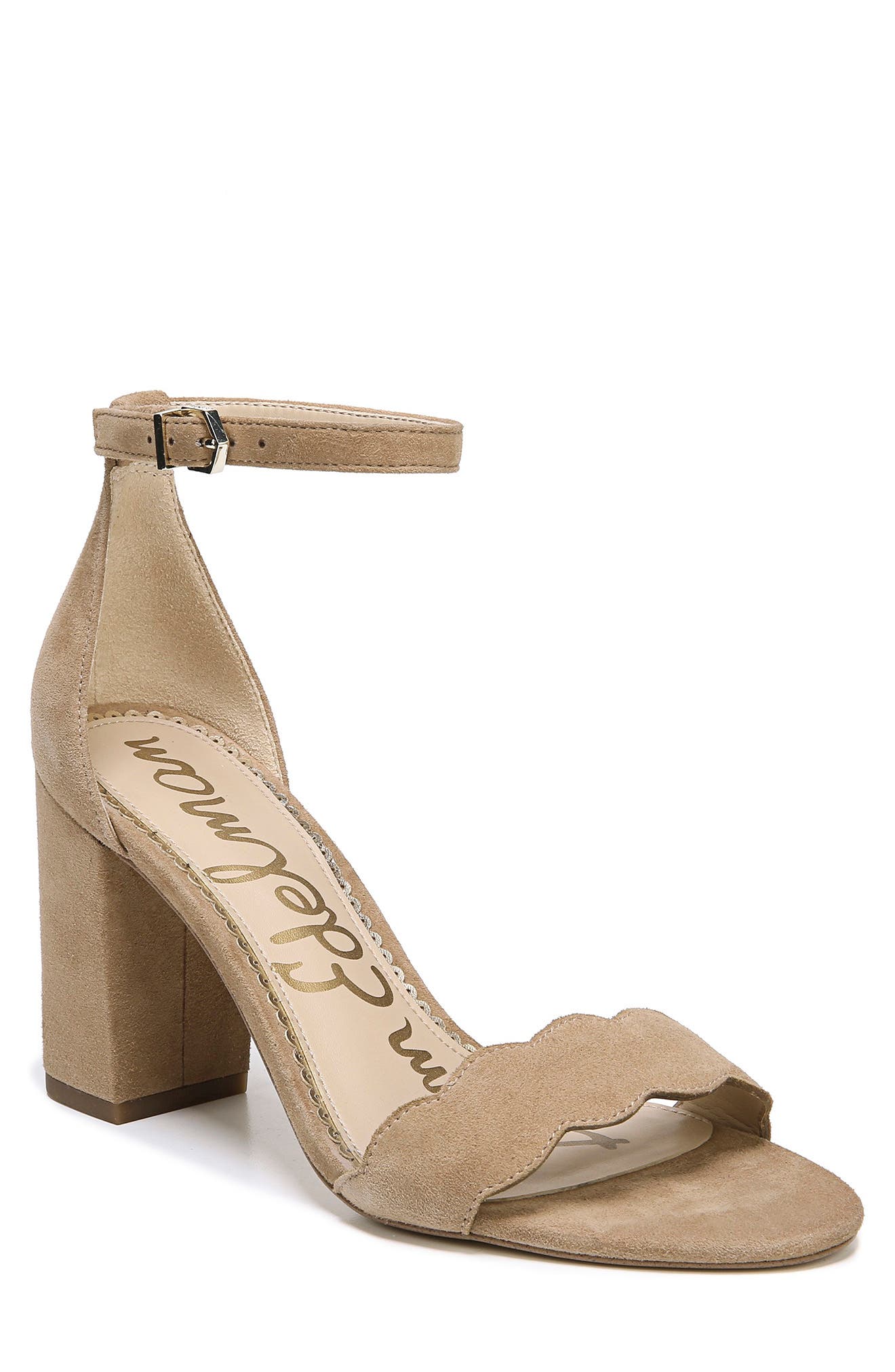 Odila Scalloped Ankle Strap Sandal, Main, color, GOLDEN CARAMEL SUEDE