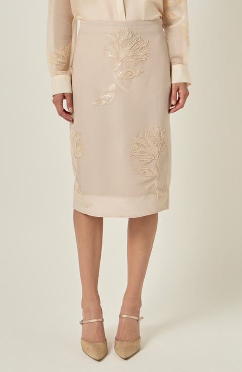Beaded Floral Sheer Midi Skirt