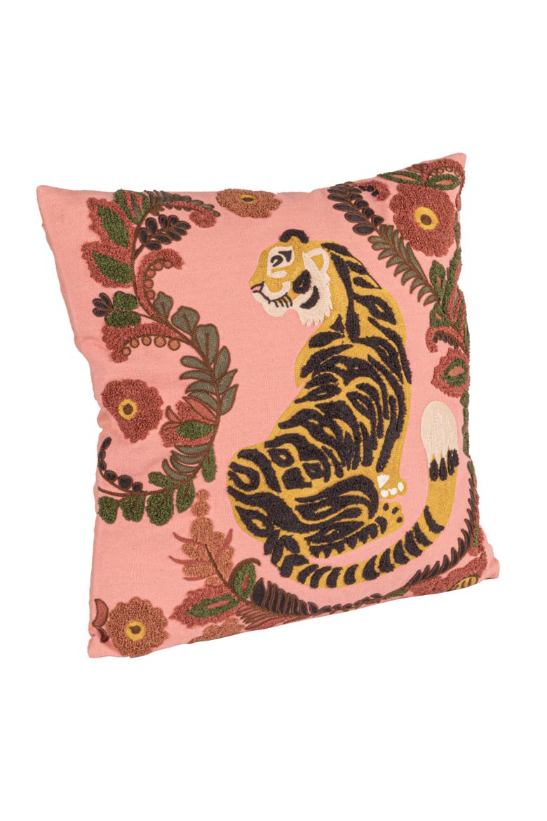 Embroidered Tiger and Flowers Cotton Slub Pillow, Multicolor, Main, color, Pink
