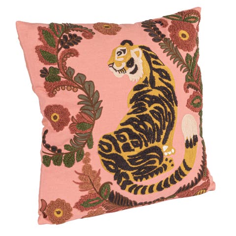Embroidered Tiger and Flowers Cotton Slub Pillow, Multicolor