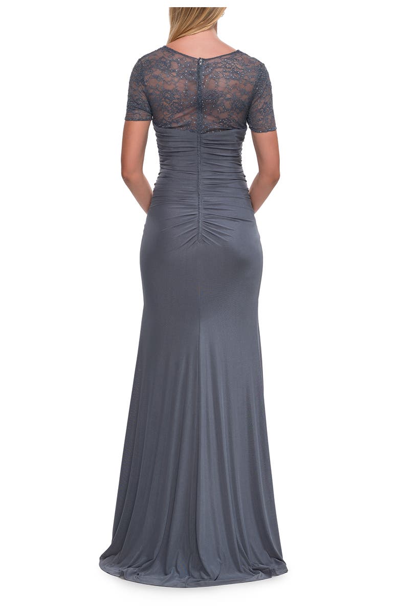 La Femme Ruched Lace Bodice Gown with Draped Skirt, Alternate, color, Slate
