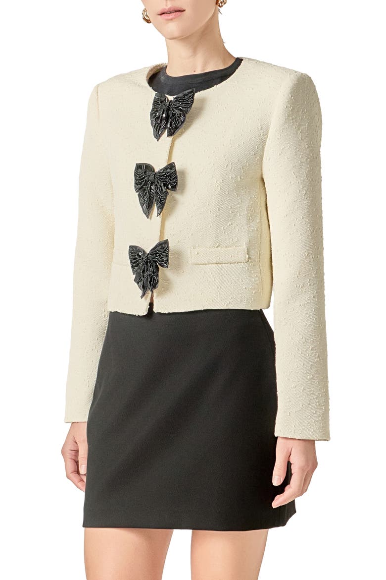 Sequin Bow Jacquard Crop Jacket, Alternate, color, CREAM