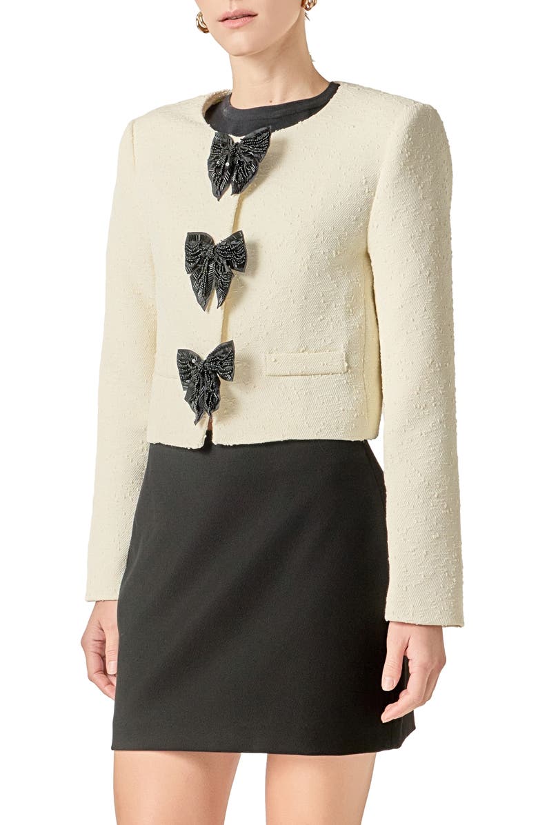 English Factory Sequin Bow Jacquard Crop Jacket, Alternate, color, Cream