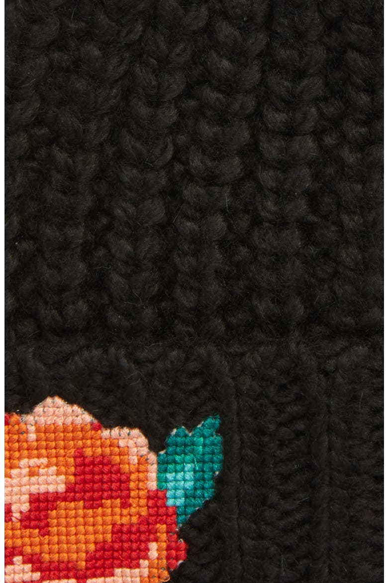Everything Rosy Floral Appliqué Rib Beanie, Alternate, color, BLACK
