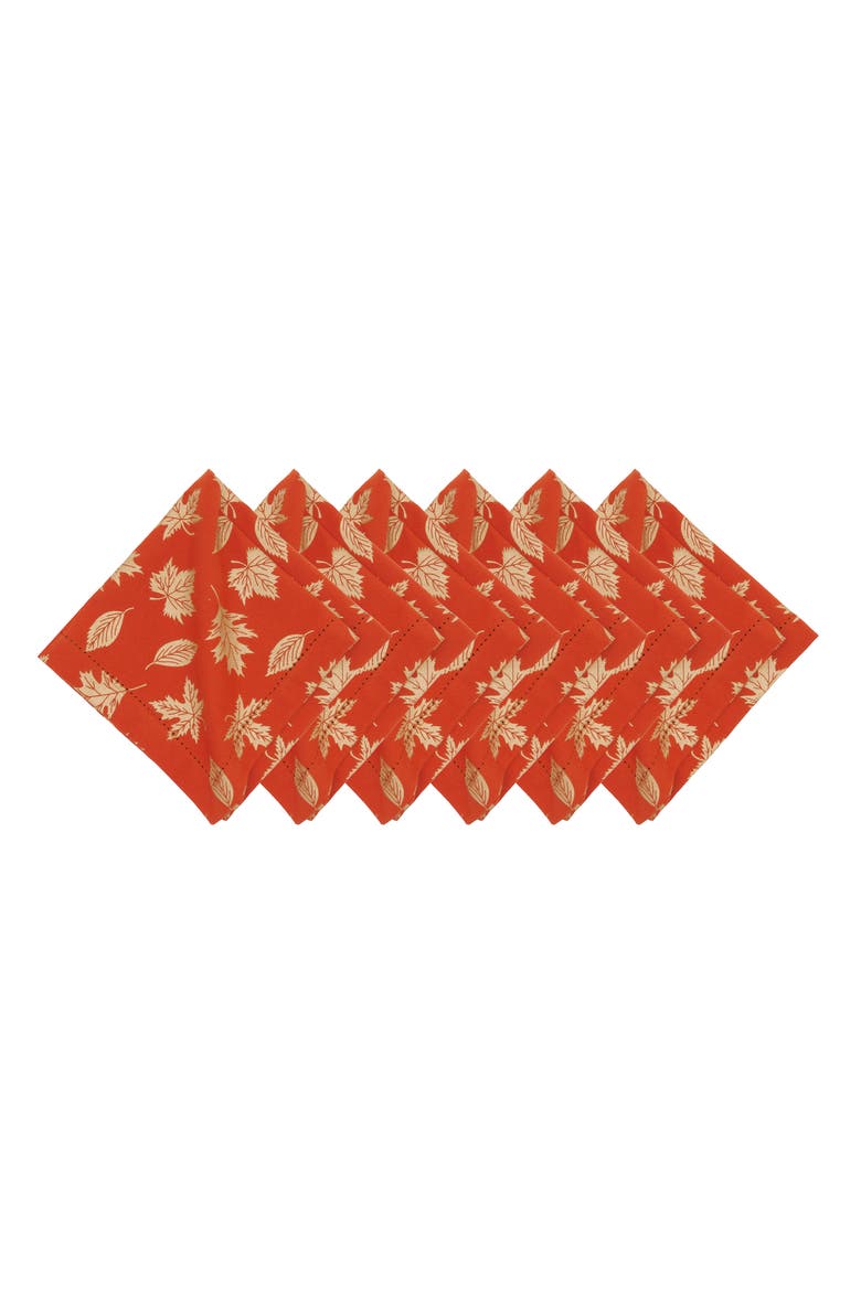 Lux Autumnal Fall Leaf Hemstitch Set of 6 Cloth Napkins, Main, color, Orange