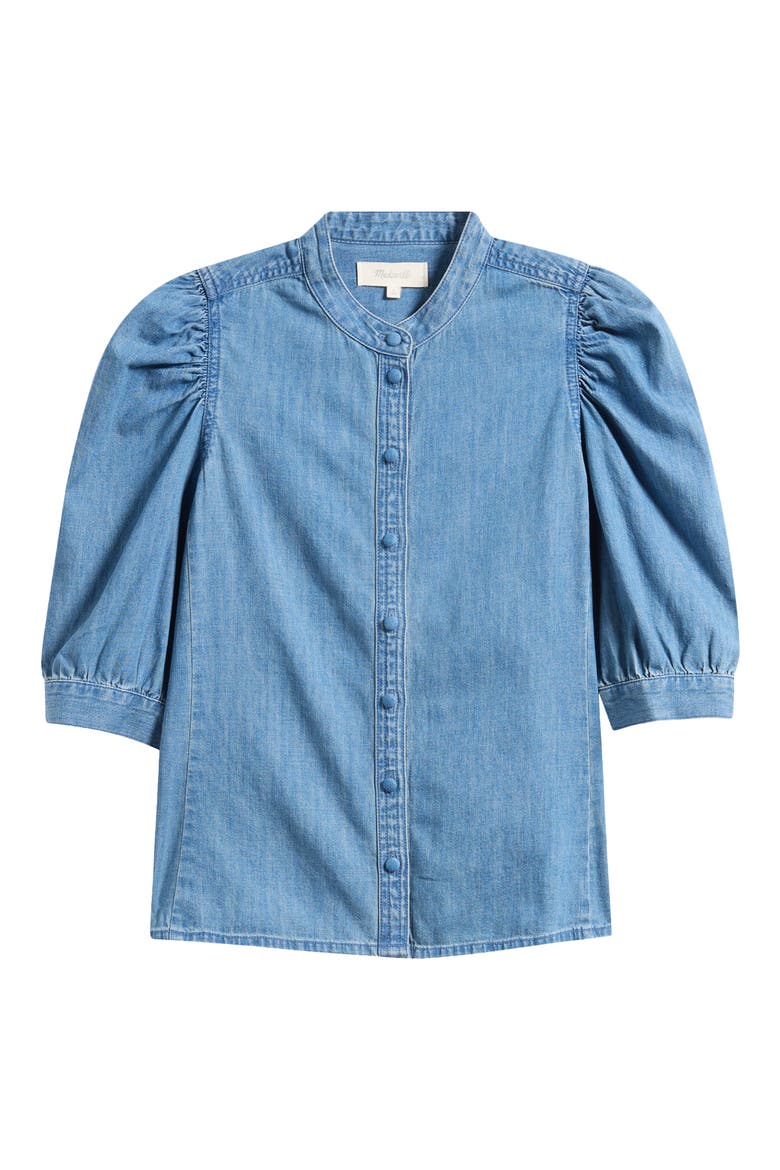 Band Collar Puff Sleeve Denim Button-Up Shirt, Alternate, color, COASTAL BLUE WASH