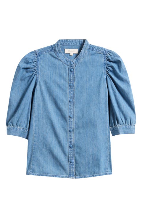 Band Collar Puff Sleeve Denim Button-Up Shirt