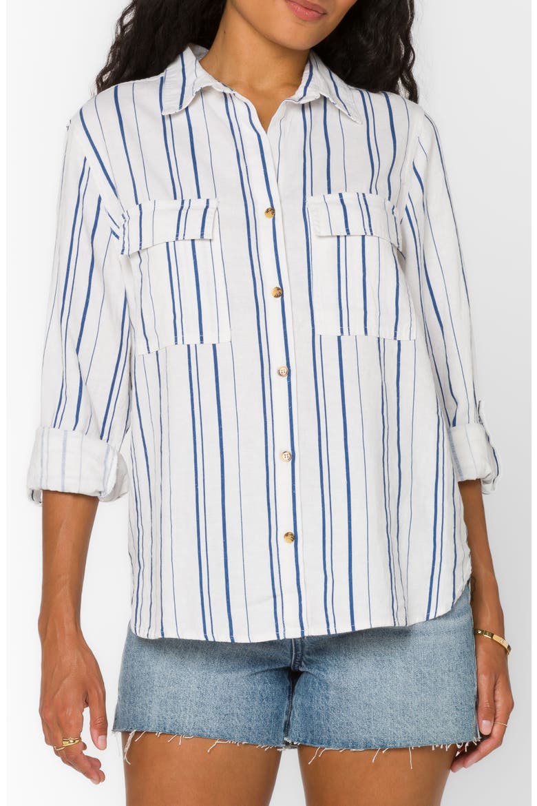 Talma Roll Tab Sleeve Linen Blend Shirt, Main, color, NAVY OPTIC WHITE STRIPE