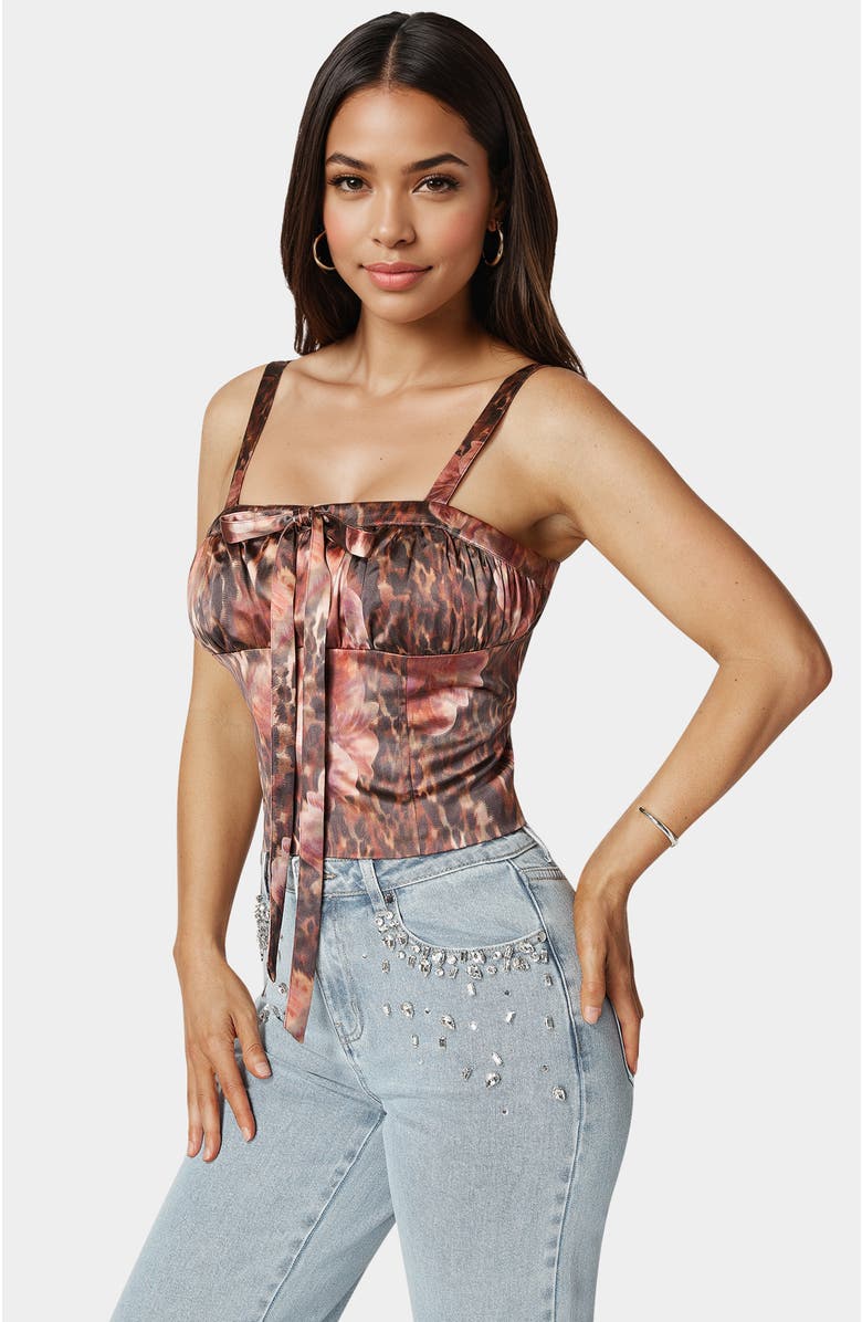 bebe Tie Front Ruched Bust Satin Corset, Alternate, color, Blooming Cheetah Print