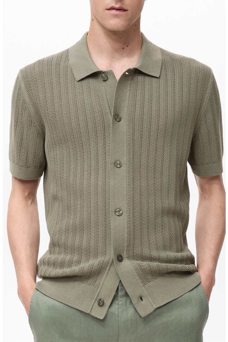 Textured Short Sleeve Knit Button-Up Shirt, Main, color, KHAKI GREEN
