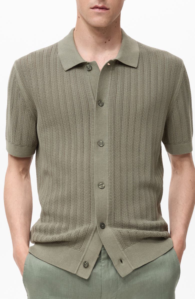 MANGO Textured Short Sleeve Knit Button-Up Shirt, Main, color, Khaki Green