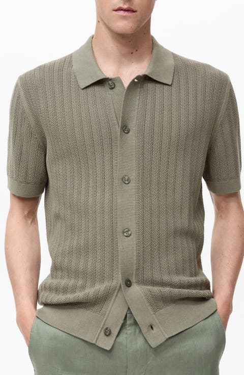 Textured Short Sleeve Knit Button-Up Shirt