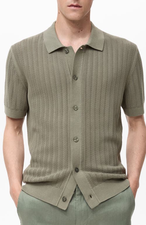 Mango Textured Short Sleeve Knit Button-up Shirt In Green